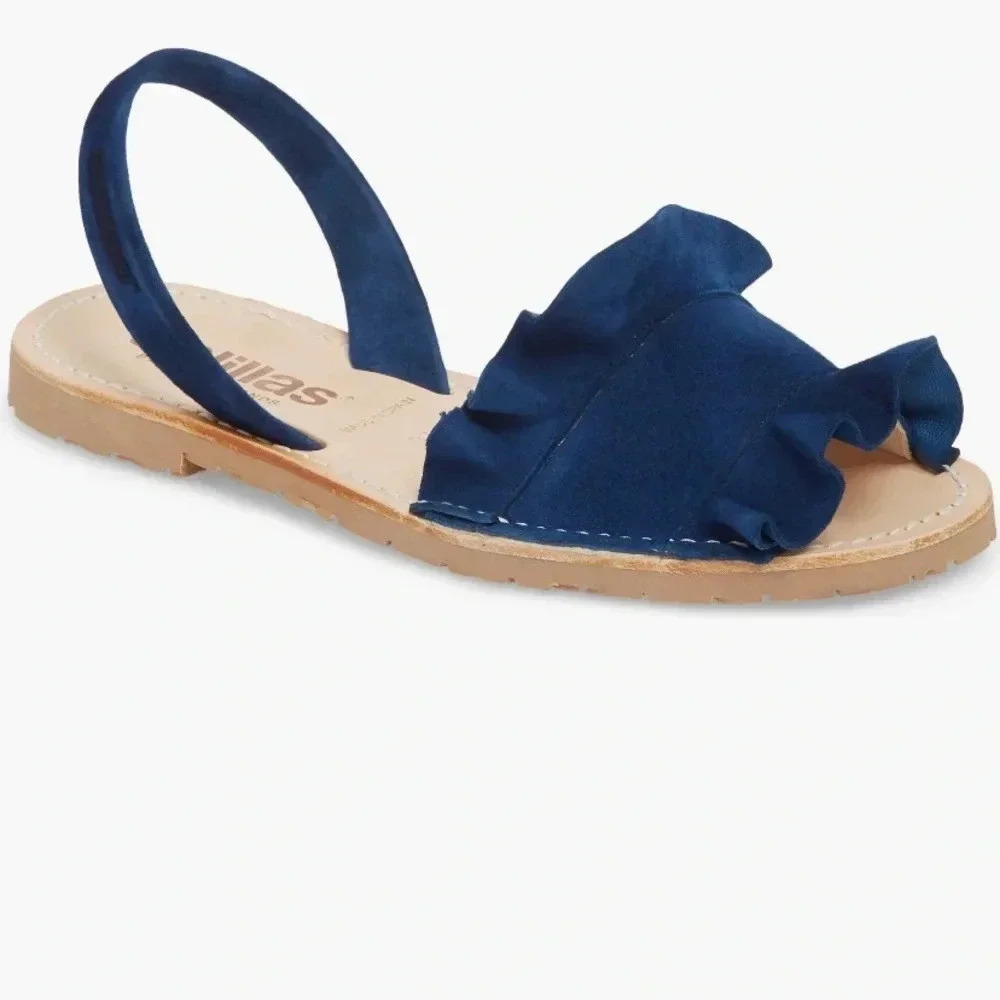 Solillas Frilled Flat Leather Sandal Indigo Blue Size 10 Made in Spain
